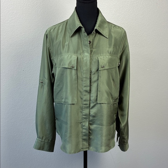 Veronica Beard Silk Jada Blouse Olive Green Button Front Long/Roll Sleeves 8 - Picture 8 of 12